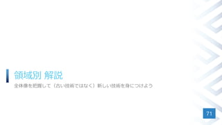 領域別 解説
全体像を把握して（古い技術ではなく）新しい技術を身につけよう
71
 