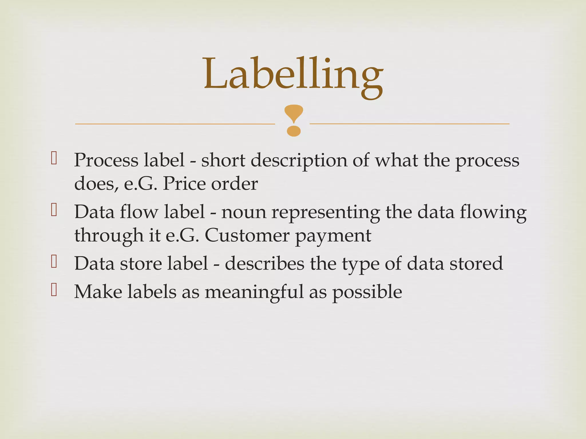 
 Process label - short description of what the process
does, e.G. Price order
 Data flow label - noun representing the data flowing
through it e.G. Customer payment
 Data store label - describes the type of data stored
 Make labels as meaningful as possible
Labelling
 
