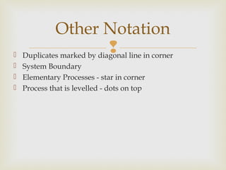  Duplicates marked by diagonal line in corner
 System Boundary
 Elementary Processes - star in corner
 Process that is levelled - dots on top
Other Notation
 