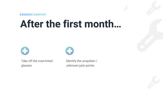 After the first month…
Lessons Learned
Identify the unspoken /
unknown pain points
Take off the rose-tinted
glasses
 