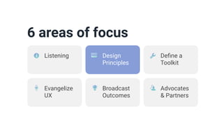 6 areas of focus
Design
Principles
De
fi
ne a
Toolkit
Evangelize
UX
Broadcast
Outcomes
Advocates
& Partners
Listening
 