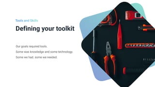 Defining your toolkit
Our goals required tools.


Some was knowledge and some technology.


Some we had. some we needed.


Tools and Skills
 