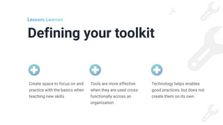 Defining your toolkit
Lessons Learned
Tools are more effective
when they are used cross-
functionally across an
organization
Technology helps enables
good practices, but does not
create them on its own
Create space to focus on and
practice with the basics when
teaching new skills
 