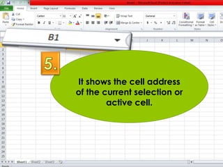 It shows the cell address 
of the current selection or 
active cell. 
 