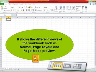 It shows the different views of 
the workbook such as 
Normal, Page Layout and 
Page Break preview. 
 
