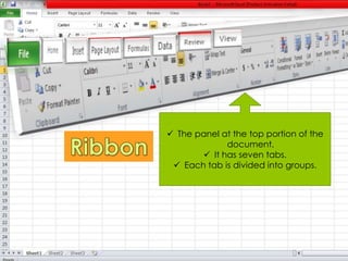  The panel at the top portion of the 
document. 
 It has seven tabs. 
 Each tab is divided into groups. 
 