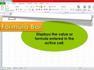 Displays the value or 
formula entered in the 
active cell. 
 