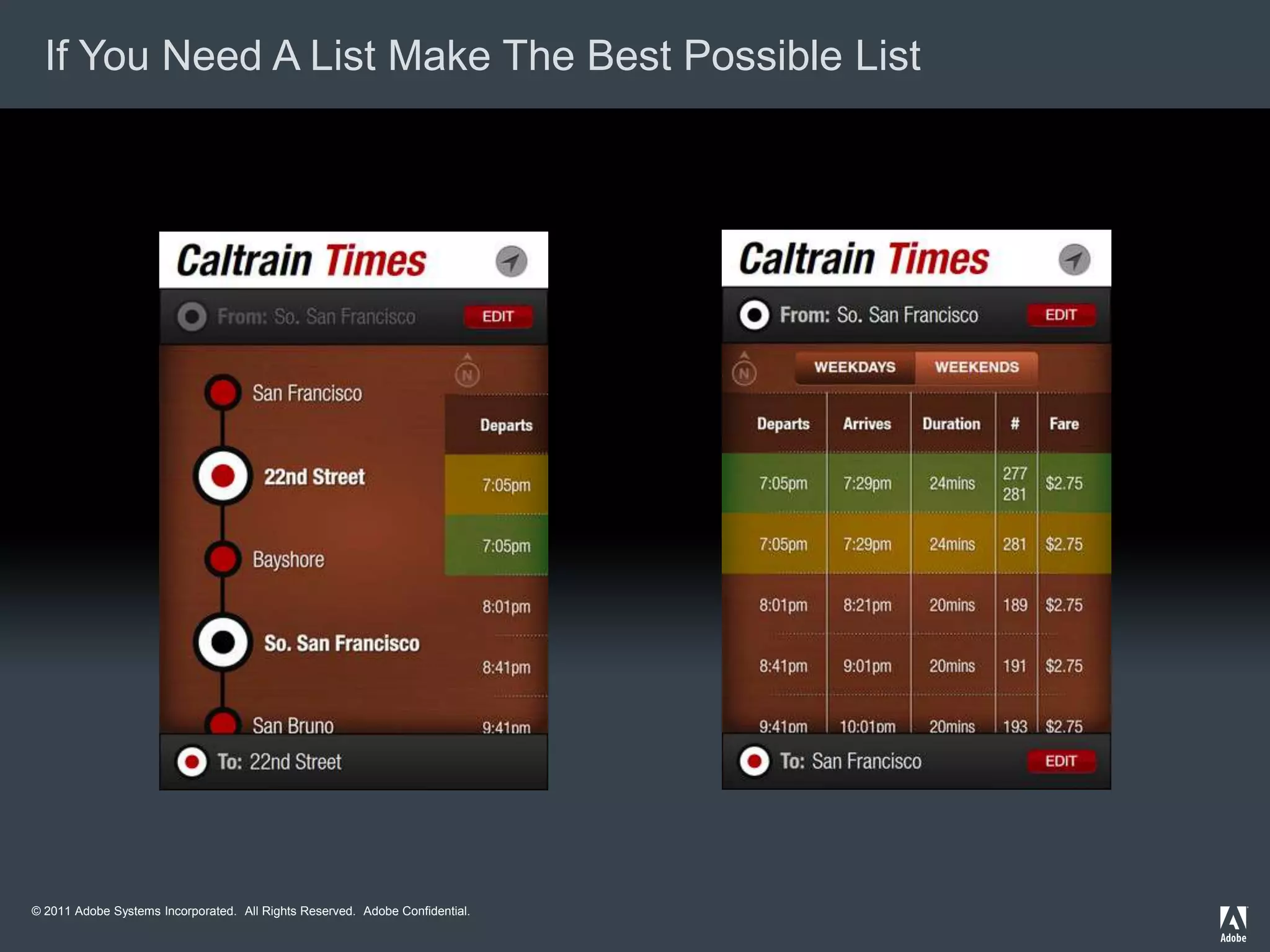If You Need A List Make The Best Possible List




© 2011 Adobe Systems Incorporated. All Rights Reserved. Adobe Confidential.
 