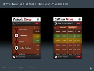 If You Need A List Make The Best Possible List




© 2011 Adobe Systems Incorporated. All Rights Reserved. Adobe Confidential.
 