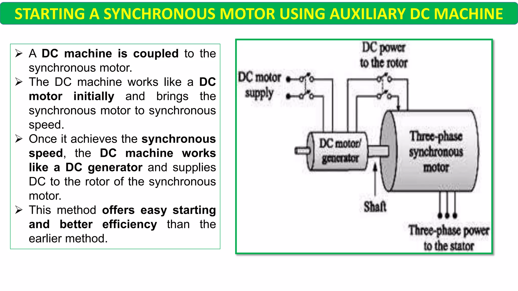 STARTING A SYNCHRONOUS MOTOR USING AUXILIARY DC MACHINE
 A DC machine is coupled to the
synchronous motor.
 The DC machine works like a DC
motor initially and brings the
synchronous motor to synchronous
speed.
 Once it achieves the synchronous
speed, the DC machine works
like a DC generator and supplies
DC to the rotor of the synchronous
motor.
 This method offers easy starting
and better efficiency than the
earlier method.
 