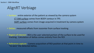 AlignRT Verbiage
• Surface: entire exterior of the patient as viewed by the camera system
CT SIM surface comes from BODY contour in TPS
SGRT surface comes from image acquired in treatment by camera system
• Deltas: measured offsets from isocenter from surface tracking
• Region of interest: ROI is the user selected portion of the surface to be used for
tracking. Calculation of deltas comes entirely from the ROI
• Reference capture: Camera acquisition of ROI position at that point in time to
“re-zero” the detected deltas.
Section I: DIBH Workflow
 