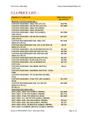 V.M.P.C.M.S. (BBA-MM) GOKUL AGRI INTERNATIONAL LTD.
Group no. MM-01(SEM-V June – November 2019) Page no. 52
5.2.4 PRICE LIST: -
PRODUCT VARIANTS MRP FOR EACH
QUANTITY
REFINE COTTON SEED OIL :-
COTTON SEED REF. 15KG TIN (VIVAN) RS1700
COTTON SEED REF. 15LTR TIN (VIVAN) RS 1600
COTTON SEED REF. 15KG TIN (MDM) -
COTTON SEED REF. 15KG TIN(ICDS) -
COTTON SEED REF. 15KG TIN (GOKUL
ADVANCE)
RS 1500
COTTON SEED REF. 15LTR TIN (GOKUL
ADVANCE)
RS 1637
COTTON BLENDED REF OIL 15KG TIN
(ROZANA PLUS)
RS 1456
COTTON BLENDED REF OIL 12X 1LTR POUCH
(ROZANA PLUS)
RS 90
COTTON SEED REF. 12X 1LTR POUCH (VIVAN) RS 105
COTTON SEED REF.4X5LTR JAR (VIVAN) RS 540
COTTON BLENDED REF OIL 4X5LTR JAR
(ROZANA PLUS)
RS 490
COTTON SEED REF.8X2LTR JAR (VIVAN) RS 307
COTTON SEED REF. 5LTR JAR (VIVAN) RS 540
COTTON SEED REF. 12X 1LTR BOTTLE
(VIVVAN)
RS 113
COTTON SEED REF. 24X 500ML BOTTLE
(VIVVAN)
RS 63
COTTON SEED REF. 24X500ML POUNCH – ICDS,
THR
-
COTTON SEED REF. 12X 1LTR POUCH (PDS_
GUJ)
-
COTTON SEED REF. 15 KG TIN ADV (GOKUL
OLD)
RS 1355
COTTON BLENDED REF OIL 15 LTR TIN
(ROZANA PLUS)
RS 1500
IN MT (1)
REFINED SOYABEN OIL: -
SOYA REF. 15KG TIN (GOKUL PRIME) RS 1869
SOYA REF. 15 TR TIN (GOKUL PRIME) RS 1736
SOYA REF. 15 KG TIN (ROZANA OLD) RS 1824
SOYA REF. 15 L TR TIN WP (GOKUL PRIME) -
SOYA REF. 4X5L TR JAR (GOKUL PRIME) RS 612
SOYA REF. 8X2L TR JAR (GOKUL PRIME) RS 313
SOYA REF.12X1L TR BOTTLE (GOKUL PRIME) RS 124
SOYA REF. 24 X500ML BOTTLE (GOKUL PRIME) -
 