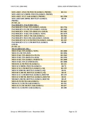 V.M.P.C.M.S. (BBA-MM) GOKUL AGRI INTERNATIONAL LTD.
Group no. MM-01(SEM-V June – November 2019) Page no. 53
SOYA REF. 12X1LTR POUCH (GOKUL PRIME) RS 114
SOYA REF.24 X 500ML POUCH (GOKUL PRIME) -
SOYA REF. 15 LT JAR (GOKUL PRIME) RS 1590
SOYA REF.60X 200ML BOTTLEN (GOKUL
PRIME)
RS 45
IN MT. (2)
PALMOLIEN / PALM REF OIL: -
PALMOLIEN 15 KG TIN (GOKUL GOLD) RS 1726
PALMOLIEN 15 LTR TIN (GOKUL GOLD) RS 1605
PALMOLIEN 15 KG TIN (ROZANA GOLD) RS 1681
PALMOLIEN 15 KG TIN (GOKUL NEW) RS 1679
PALMOLIEN 4X5LT TR JAR (GOKUL) RS 568
PALMOLIEN 8X2 LTR JAR (GOKUL GOLD) RS 185
PALMOLIEN 10 X 1LTR POUCH (GOKUL GOLD) RS 103
PALMOLIEN 12 X 1 LTR BOTTLE (GOKUL
GOLD)
RS 88
IN MT. (3)
MUSTARD EXP. OIL: -
MEO 15 KG TIN (GOKUL NEW) RS 2000
MEO 15 LTR TIN (WP) RS 1856
MEO 15 KG TIN (ROZANA PLUS) RS 1962
MEO 15 KG TIN (ROZANA OLD) RS 1956
MEO 15 KG TIN (GOKUL PERFECT) RS 2000
MEO 15 KG TIN (TANDURAST) RS 1800
MEO12X 1LTR POUCH (GOKUL) RS 121
MEO 24 X 500ML POUCH (GOKUL) RS 72
MEO 12 X1 LTR BOTTLE (GOKUL)- SQ RS 135
MEO 24 X500 ML BOTTLE (GOKUL)-SQ RS 81
MEO 60 X 200 ML BOTTLE (GOKUL) SQ RS 45
MEO 12 X 1 LTR BOTTLE (GOKUL) ROUND RS 135
MEO 24 X 500 ML BOTTLE (GOKUL) ROUND RS 81
MEO60 X 200 ML BOTTLE (GOKUL) ROUND RS 45
MEO 4X 5LTR TR JAR (GOKUL) RS 663
MEO 8 X 2 LTR TR JAR (GOKUL) RS 291
MEO 2X 5 LTR TR PET JAR (GOKUL) RS 657
MEO 4 X 2 LTR PET JAR (GOKUL) RS 288
 