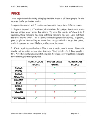 V.M.P.C.M.S. (BBA-MM) GOKUL AGRI INTERNATIONAL LTD.
Group no. MM-01(SEM-V June – November 2019) Page no. 54
PRICE
Price segmentation is simply charging different prices to different people for the
same or similar product or service.
1. segment the market and 2. create a mechanism to charge them different prices.
1. Segment the market – The first requirement is to find groups of customers, some
that are willing to pay more than others. To keep this simple, let’s hold it to 2
segments, those willing to pay more and those willing to pay less. Let’s call them
the “rich” and the “poor”. This is a pretty common segmentation anyway. In general,
poor people are more willing to invest time, energy and effort to get low prices,
while rich people are more likely to just buy what they want.
2. Create a pricing mechanism – This is much harder than it seems. You can’t
simply put up a sign in your store that says “Rich people – $10; Poor people –
$5”. Nobody would ever confess to being rich. You need a way to get the rich people
to voluntarily pay the higher price.
LOWER CLAAS
PEOPLE
MIDDLE CLASS
PEOPLE
HIGHER CLASS
PEOPLE
GOKUL
PRIME
✘ ✔ ✘
GOKUL
ADVANCE
✘ ✔ ✔
ROZANA
PLUS
✔ ✘ ✘
GOKUL
GOLD
✘ ✔ ✔
VIVAAN ✘ ✘ ✔
TANDURAST ✔ ✘ ✘
 