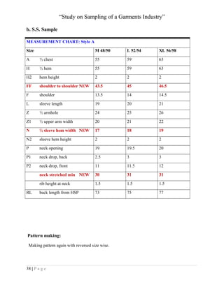 “Study on Sampling of a Garments Industry”
b. S.S. Sample
MEASUREMENT CHART: Style A
Size

M 48/50

L 52/54

XL 56/58

A

½ chest

55

59

63

H

½ hem

55

59

63

H2

hem height

2

2

2

FF

shoulder to shoulder NEW

43.5

45

46.5

F

shoulder

13.5

14

14.5

L

sleeve length

19

20

21

Z

½ armhole

24

25

26

Z1

½ upper arm width

20

21

22

N

½ sleeve hem width NEW

17

18

19

N2

sleeve hem height

2

2

2

P

neck opening

19

19.5

20

P1

neck drop, back

2.5

3

3

P2

neck drop, front

11

11.5

12

neck stretched min NEW

30

31

31

rib height at neck

1.5

1.5

1.5

back length from HSP

73

75

77

RL

Pattern making:
Making pattern again with reversed size wise.

38 | P a g e

 