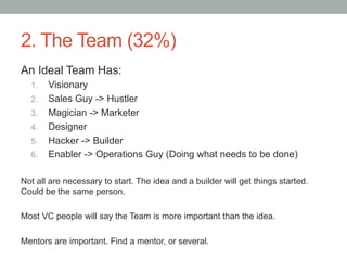 2. The Team (32%)
An Ideal Team Has:
1.  Visionary
2.  Sales Guy -> Hustler
3.  Magician -> Marketer
4.  Designer
5.  Hacker -> Builder
6.  Enabler -> Operations Guy (Doing what needs to be done)
Not all are necessary to start. The idea and a builder will get things started.
Could be the same person.
Most VC people will say the Team is more important than the idea.
Mentors are important. Find a mentor, or several.
 