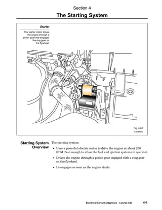 Electrical Circuit Diagnosis - Course 623 4-1
Starter
The starter motor drives
the engine through a
pinion gear that engages
the ring gear on
the flywheel.
Fig. 4-01
TL623f401c
The starting system:
• Uses a powerful electric motor to drive the engine at about 200
RPM (fast enough to allow the fuel and ignition systems to operate).
• Drives the engine through a pinion gear engaged with a ring gear
on the flywheel.
• Disengages as soon as the engine starts.
Section 4
The Starting System
Starting System
Overview
 