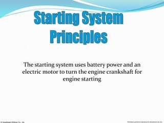 © Goodheart-Willcox Co., Inc. Permission granted to reproduce for educational use only
The starting system uses battery power and an
electric motor to turn the engine crankshaft for
engine starting
 