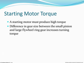 © Goodheart-Willcox Co., Inc. Permission granted to reproduce for educational use only
Starting Motor Torque
 A starting motor must produce high torque
 Difference in gear size between the small pinion
and large flywheel ring gear increases turning
torque
 