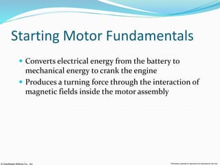 © Goodheart-Willcox Co., Inc. Permission granted to reproduce for educational use only
Starting Motor Fundamentals
 Converts electrical energy from the battery to
mechanical energy to crank the engine
 Produces a turning force through the interaction of
magnetic fields inside the motor assembly
 