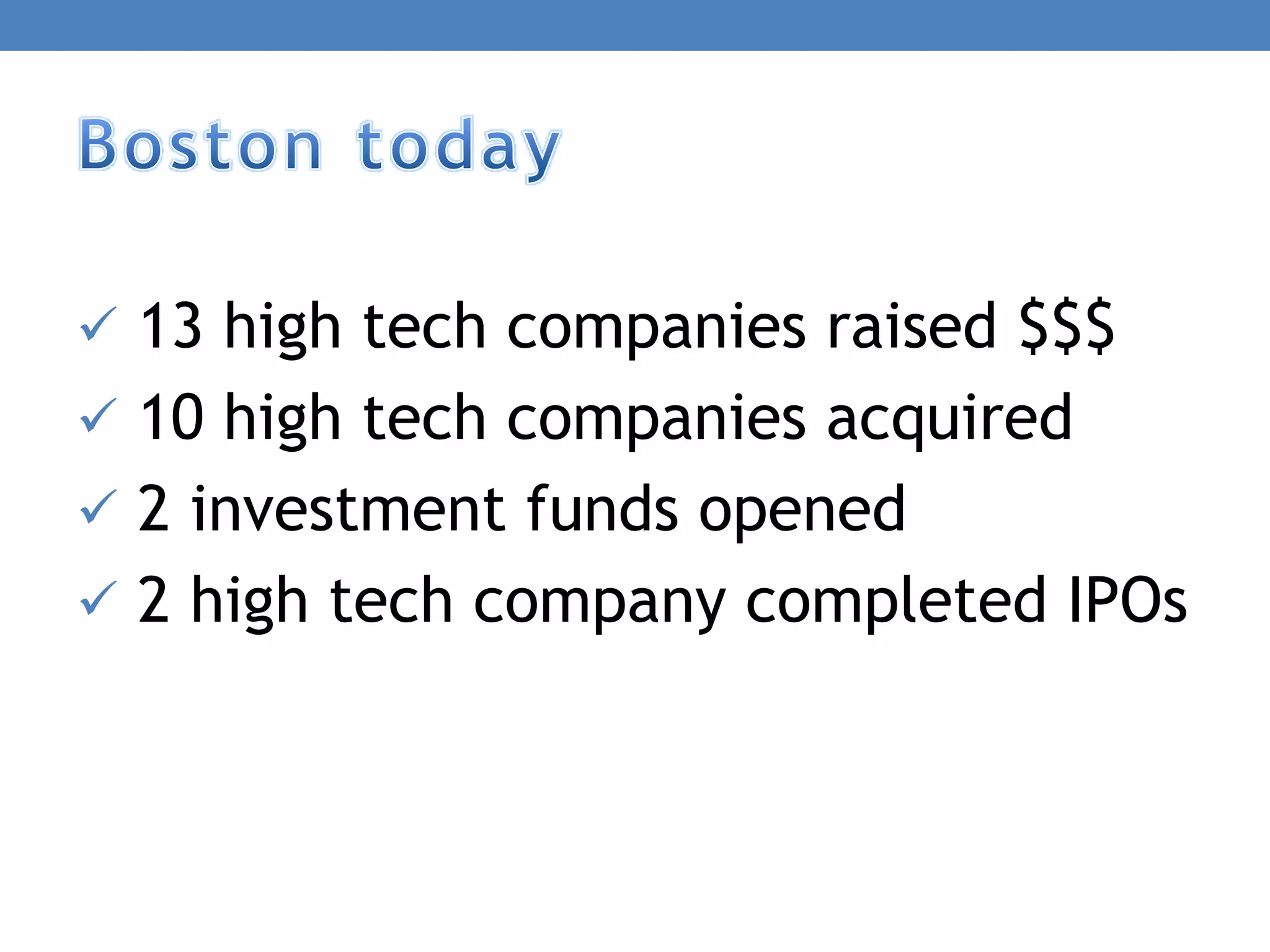  13 high tech companies raised $$$
 10 high tech companies acquired
 2 investment funds opened
 2 high tech company completed IPOs
 