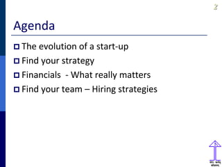22
Agenda
 The evolution of a start-up
 Find your strategy
 Financials - What really matters
 Find your team – Hiring strategies
 