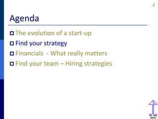 44
Agenda
 The evolution of a start-up
 Find your strategy
 Financials - What really matters
 Find your team – Hiring strategies
 