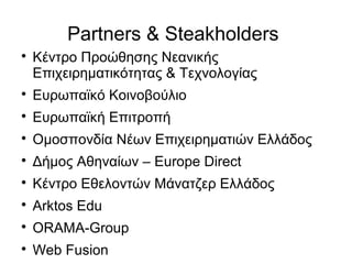 Partners & Steakholders


Κέντρο Προώθησης Νεανικής
Επιχειρηματικότητας & Τεχνολογίας



Ευρωπαϊκό Κοινοβούλιο



Ευρωπαϊκή Επιτροπή



Ομοσπονδία Νέων Επιχειρηματιών Ελλάδος



Δήμος Αθηναίων – Europe Direct



Κέντρο Εθελοντών Μάνατζερ Ελλάδος



Arktos Edu



ORAMA-Group



Web Fusion

 