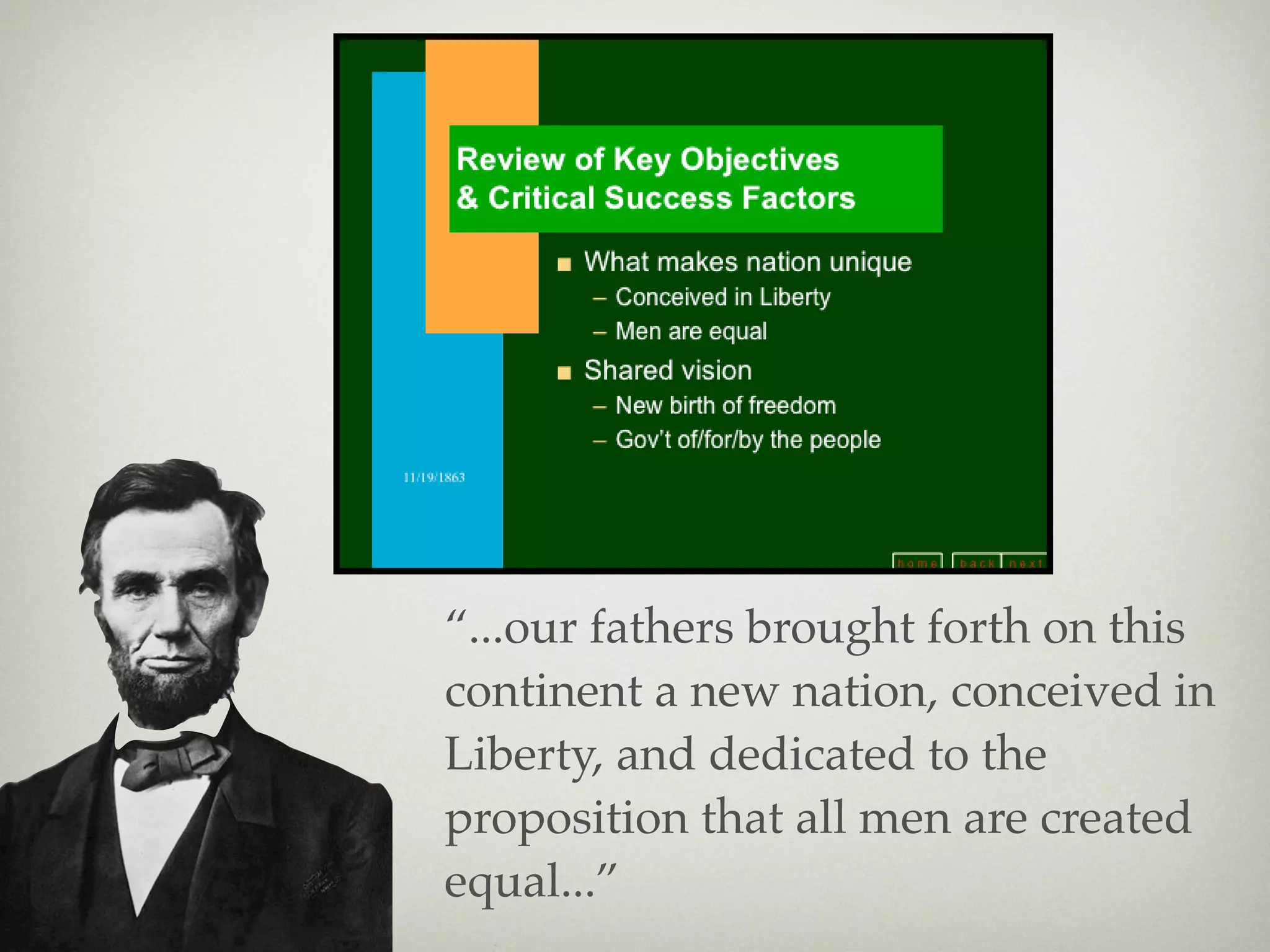 “...our fathers brought forth on this
continent a new nation, conceived in
Liberty, and dedicated to the
proposition that all men are created
equal...”
 