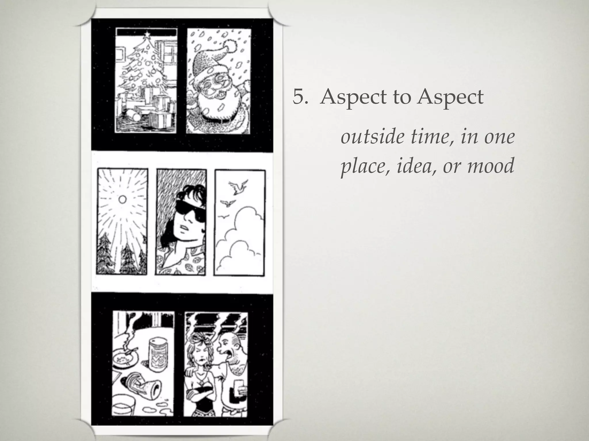 5. Aspect to Aspect
    outside time, in one
    place, idea, or mood
 