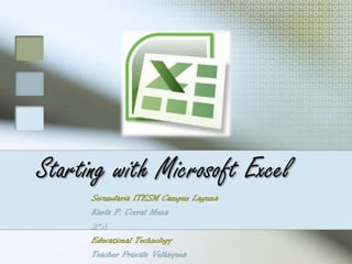 Startingwith Microsoft Excel Secundaria ITESM Campus Laguna Karla P. Corral Mena 2°A EducationalTechnology Teacher Priscila Velázquez  