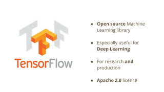 ● Open source Machine
Learning library
● Especially useful for
Deep Learning
● For research and
production
● Apache 2.0 license
 