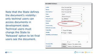 Note that the State defines
the document's visibility:
only techinal users can
access documents in
development state.
Technical users must
change the State to
'Released' option to let final
users see the document.
 