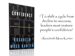 “To shift a cycle from 
decline to success, 
leaders must restore 
people’s confidence” 
--Rosabeth Moss Kanter 
 