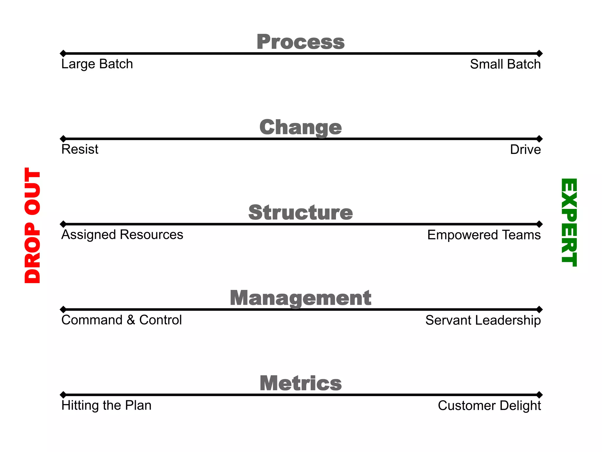Process
           Large Batch                             Small Batch



                                  Change
           Resist                                         Drive
DROP OUT




                                                                  EXPERT
                                 Structure
           Assigned Resources                Empowered Teams



                                Management
           Command & Control                 Servant Leadership



                                  Metrics
           Hitting the Plan                   Customer Delight
 