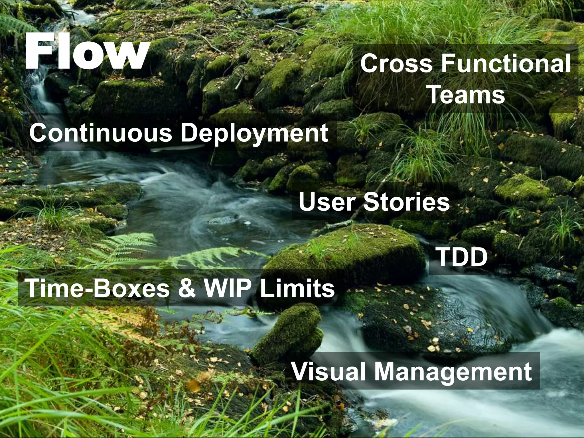Flow                      Cross Functional
                              Teams
Continuous Deployment

                    User Stories

                               TDD
Time-Boxes & WIP Limits


                   Visual Management
 
