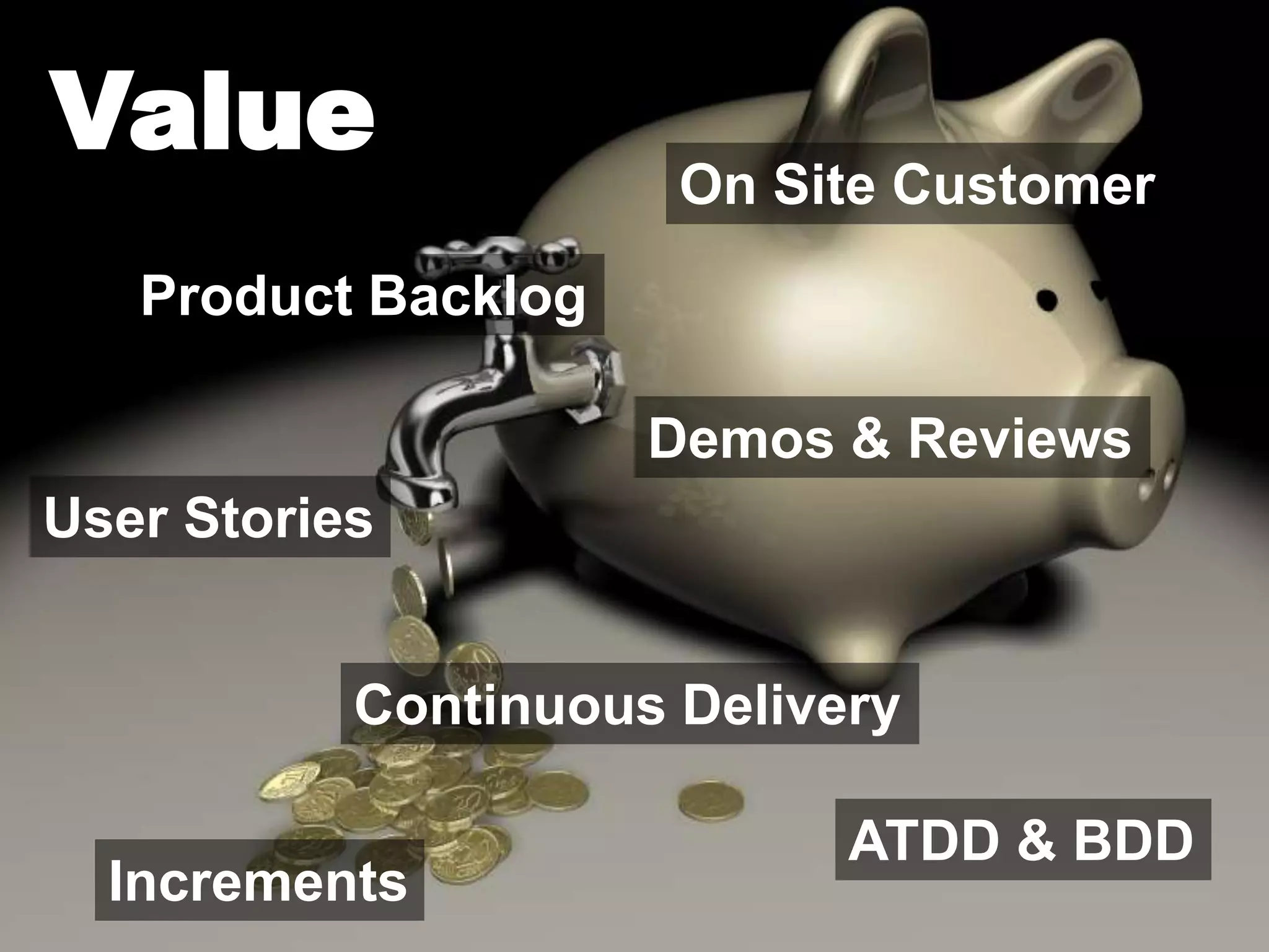 Value
                      On Site Customer
   Product Backlog

                     Demos & Reviews
User Stories


           Continuous Delivery

                            ATDD & BDD
  Increments
 