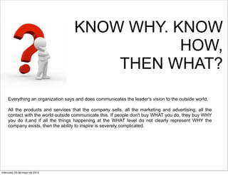 KNOW WHY. KNOW
HOW,
THEN WHAT?
Everything an organization says and does communicates the leader's vision to the outside world.
All the products and services that the company sells, all the marketing and advertising, all the
contact with the world outside communicate this. If people don't buy WHAT you do, they buy WHY
you do it,and if all the things happening at the WHAT level do not clearly represent WHY the
company exists, then the ability to inspire is severely complicated.
miércoles 29 de mayo de 2013
 