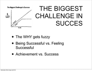 THE BIGGEST
CHALLENGE IN
SUCCES
• The WHY gets fuzzy
• Being Successful vs. Feeling
Successful
• Achievement vs. Success
miércoles 29 de mayo de 2013
 