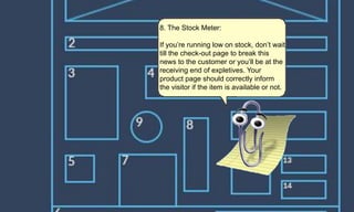8. The Stock Meter:
If you’re running low on stock, don’t wait
till the check-out page to break this
news to the customer or you’ll be at the
receiving end of expletives. Your
product page should correctly inform
the visitor if the item is available or not.
 