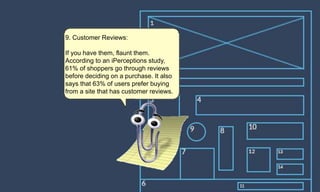 9. Customer Reviews:
If you have them, flaunt them.
According to an iPerceptions study,
61% of shoppers go through reviews
before deciding on a purchase. It also
says that 63% of users prefer buying
from a site that has customer reviews.
 