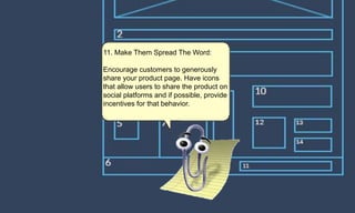 11. Make Them Spread The Word:
Encourage customers to generously
share your product page. Have icons
that allow users to share the product on
social platforms and if possible, provide
incentives for that behavior.
 