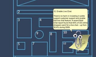 12. Enable Live Chat:
There’s no harm in investing in polite
support customer support and enable
that live chat feature. A recent Bold
Chat report found that 65% of US online
shoppers went for a live chat – up from
50.4% during 2009.
 