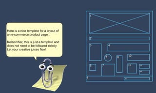 Here is a nice template for a layout of
an e-commerce product page .
Remember, this is just a template and
does not need to be followed strictly.
Let your creative juices flow!
 