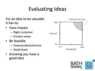 Evaluating Ideas
For an idea to be valuable
it has to:
• Have impact
– Right customer
– Creates value
• Be feasible
– Good product/service
– Good team
• Knowing you have a
good idea
 