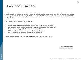 Executive Summary
2
startintx
Startintx Index: APAC Venture Capital - Top Trends of Q1 2015
In this report, we will reveal...