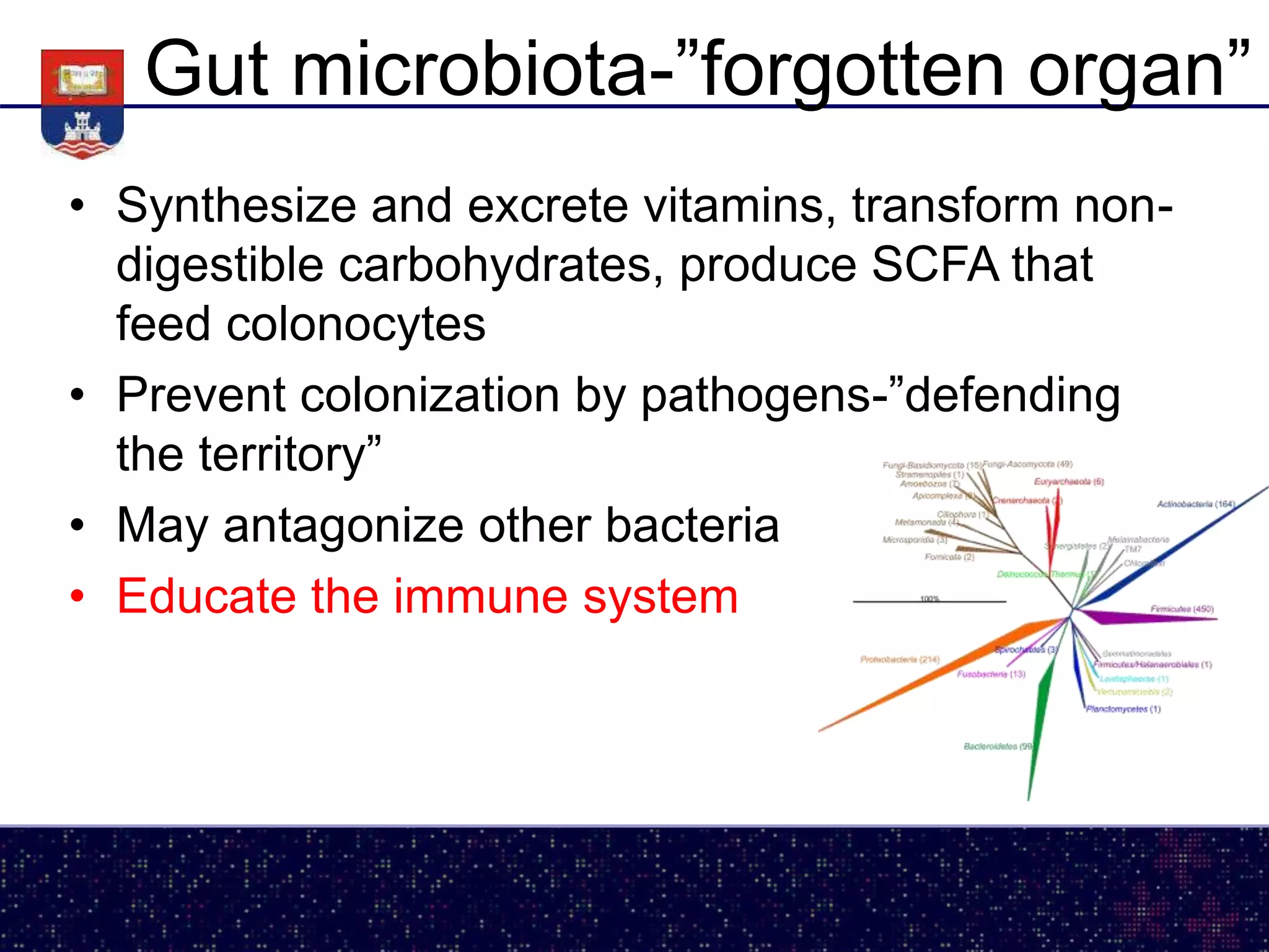 Gut microbiota-”forgotten organ”
• Synthesize and excrete vitamins, transform non-
digestible carbohydrates, produce SCFA that
feed colonocytes
• Prevent colonization by pathogens-”defending
the territory”
• May antagonize other bacteria
• Educate the immune system