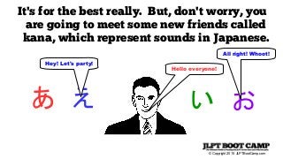 © Copyright 2015 JLPTBootCamp.com
It's for the best really. But, don't worry, you
are going to meet some new friends called
kana, which represent sounds in Japanese.
あ　え い　お
Hello everyone!
Hey! Let's party!
All right! Whoot!
 