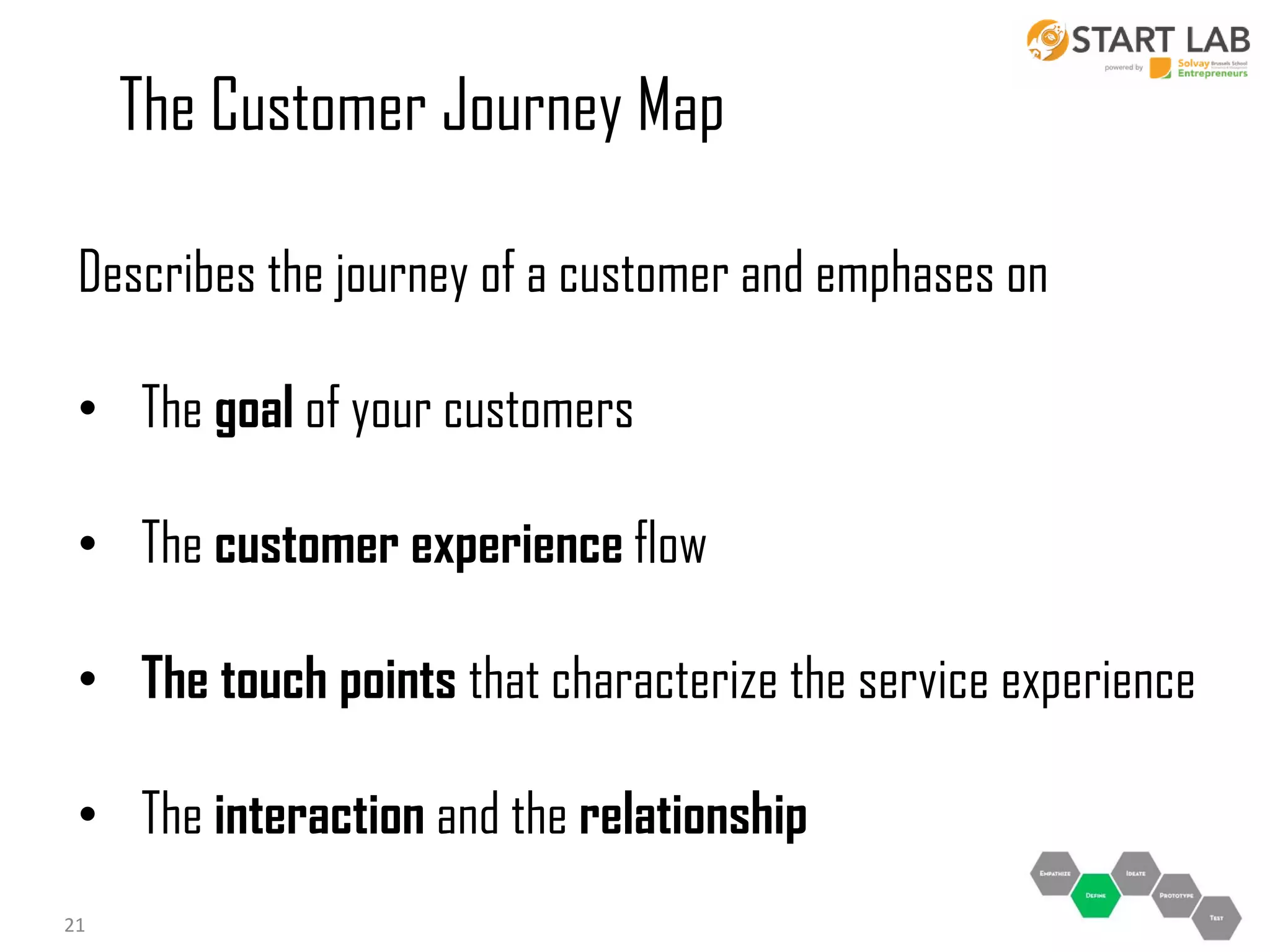 The Customer Journey Map
Describes the journey of a customer and emphases on
• The goal of your customers
• The customer experience flow
• The touch points that characterize the service experience

• The interaction and the relationship
21

 