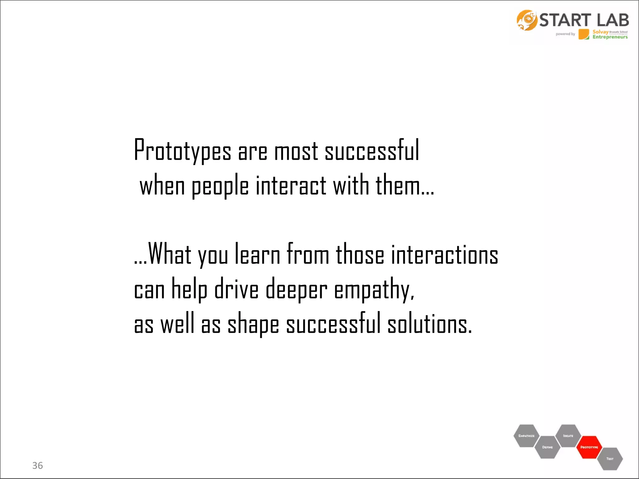 Prototypes are most successful
when people interact with them…
…What you learn from those interactions
can help drive deeper empathy,
as well as shape successful solutions.

36

 